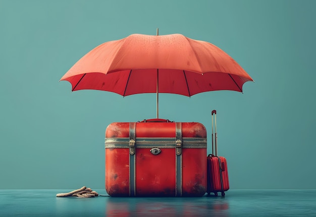 Red vintage suitcase with matching umbrella and shoes against a blue background travel concept