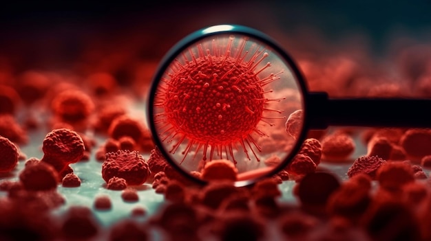 A red virus is seen through a magnifying glass.