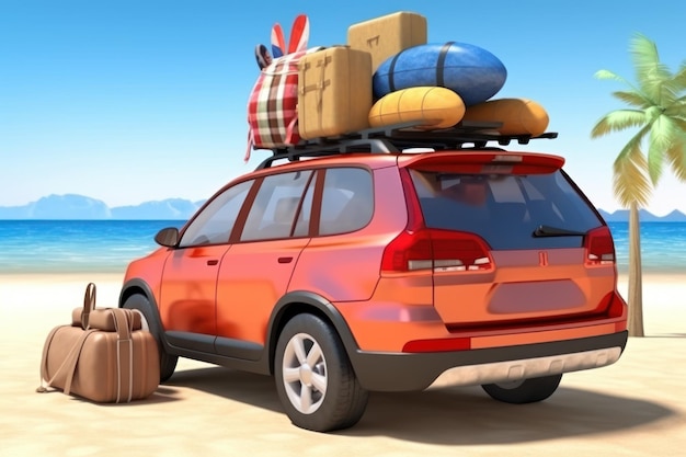 A red volvo car with luggage on top of it on a beach