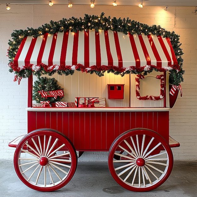 a red wagon with a red and white striped awning that says quot i love christmas quot