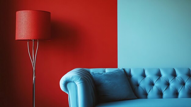 Photo a red wall with a lamp and a blue couch in front of it