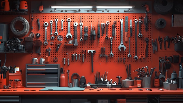 a red wall with many tools and tools on it