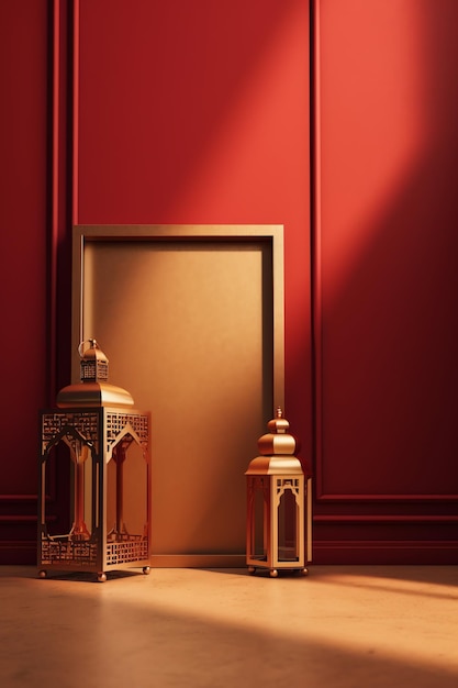 A red wall with a picture frame and a lantern on it.