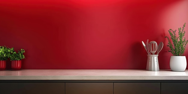 Photo red wall with plants utensils