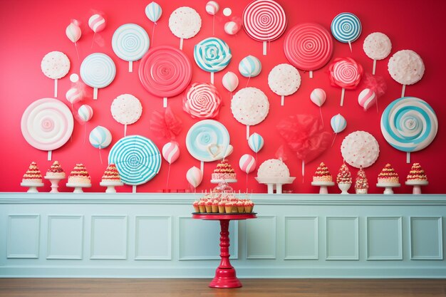 Photo a red wall with a red table with a red tablecloth and blue and white balloons