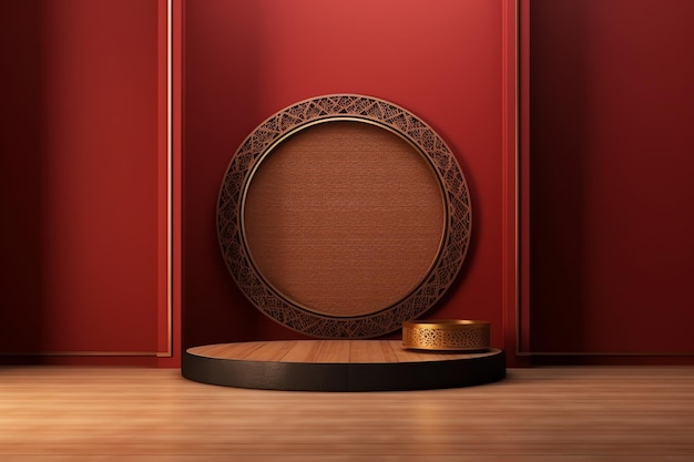 A red wall with a round wooden frame in the center of it