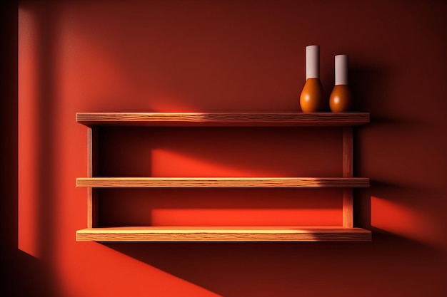 Red wall wooden shelf Generative AI