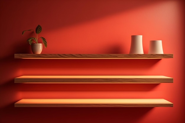 Red wall wooden shelf Generative AI