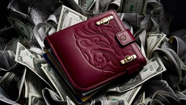 Photo a red wallet with a gold lock on it and a bunch of money in the middle