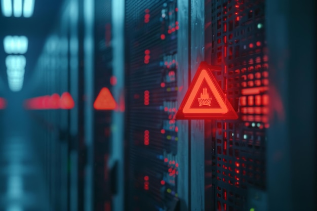 Photo a red warning light flashes on a server rack in a data center indicating a system failure