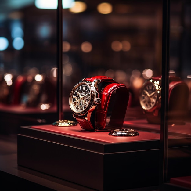 A red watch is on display in a glass case