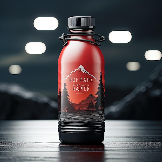 a red water bottle with a mountain on the top