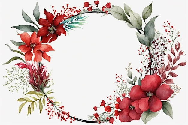 Red watercolor floral circle frame background