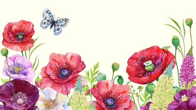 Red Watercolor Flowers Poppies Summer Floral Background Facebook Cover 1