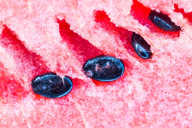 Red watermelon flesh and black seeds on white background