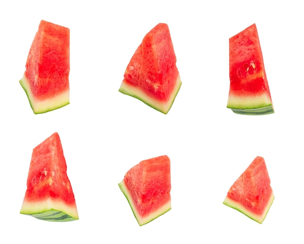 Red watermelon triangular pieces collection isolated on white background