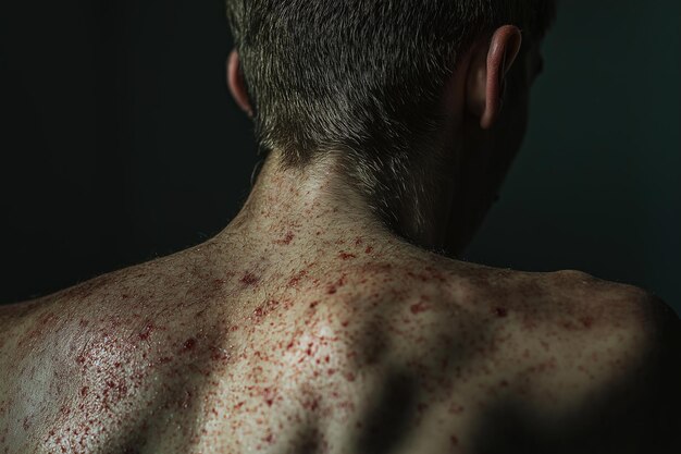 Photo red welts adorning the back of a person in dim light