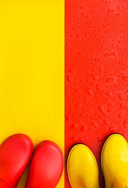 Red wet background with yellow rubber boots and yellow background with red boots