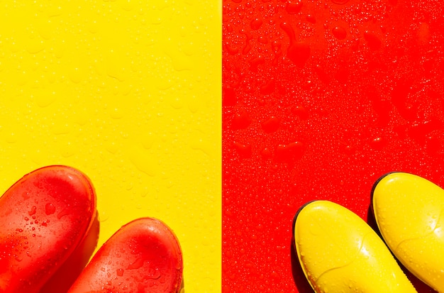 Red wet with yellow rubber boots and yellow with red boots on it.