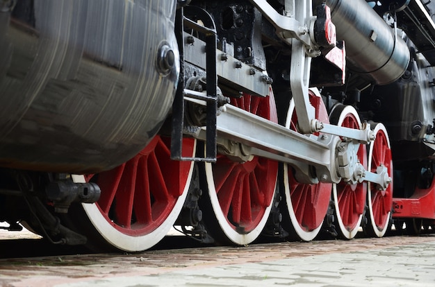 Red wheels of steam train