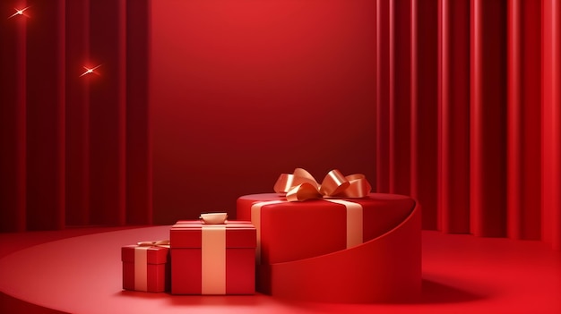 Red and white background with a red box and a gold bow.