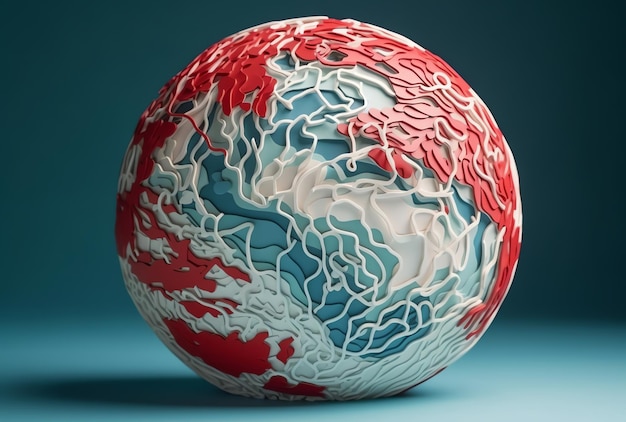 A red and white ball with a map of globe on it