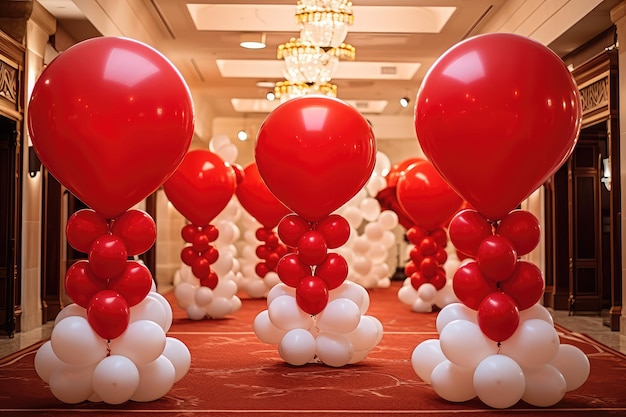 Red and white balloons in the hall of a luxury hotel or casino