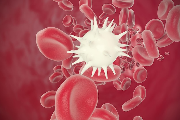 Red and white blood cells moving in vessels. 3d illustration