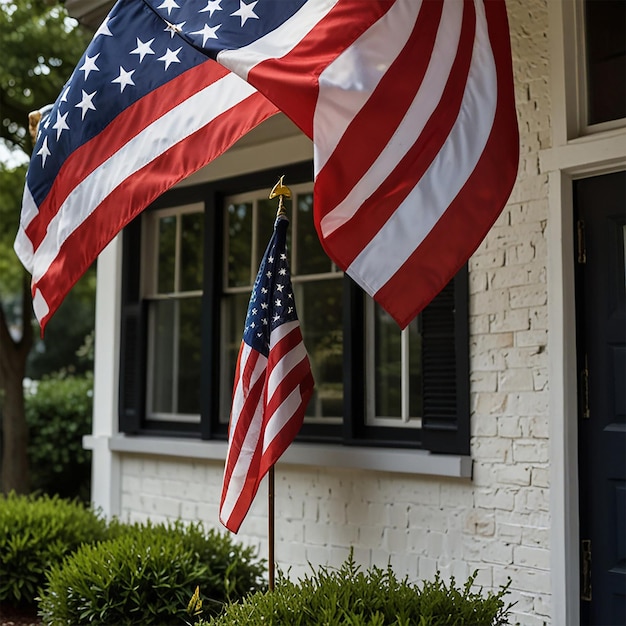 A red white and blue american flag hangs from a house