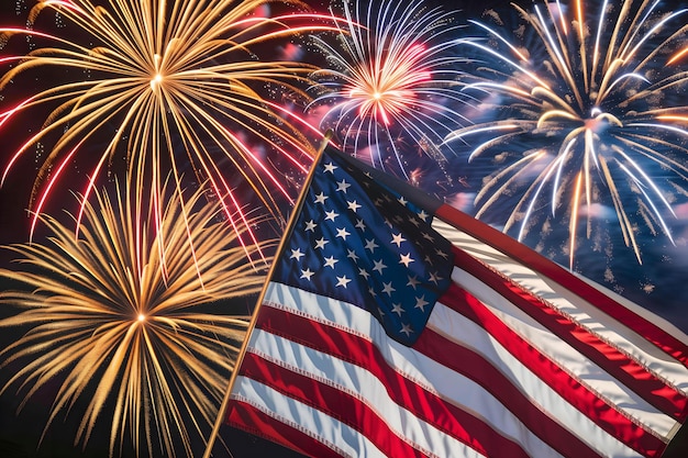 a red white and blue American flag is displayed with fireworks in the background