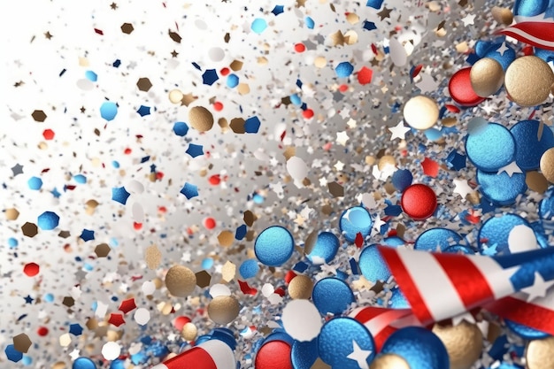 A red, white and blue background with a red, white and blue flag and stars.