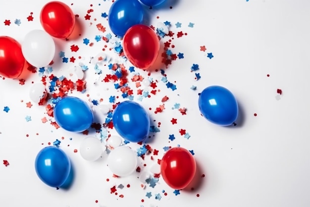 Red, white, and blue balloons are scattered on a white surface.