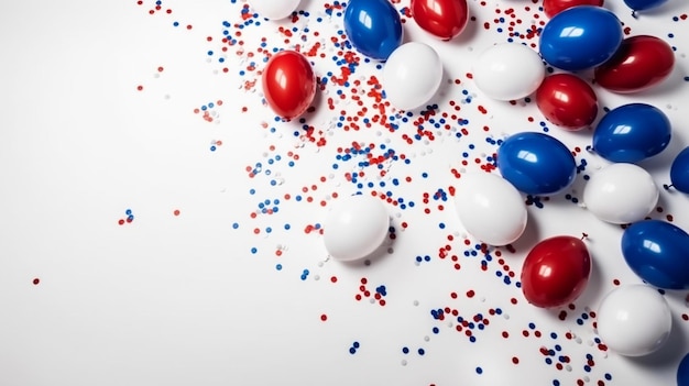 Red, white and blue balloons are scattered on a white surface.