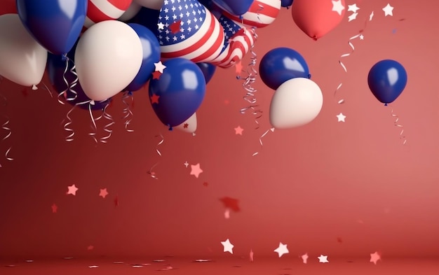 Red, white and blue balloons with the american flag on the bottom.