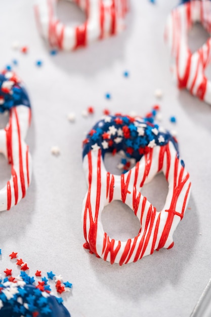 Red white and blue chocolate covered pretzel twists