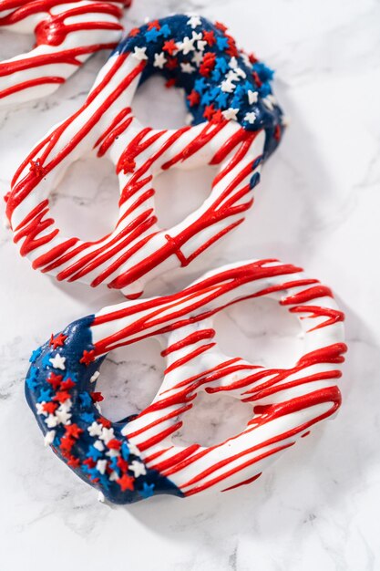 Red white and blue chocolate covered pretzel twists