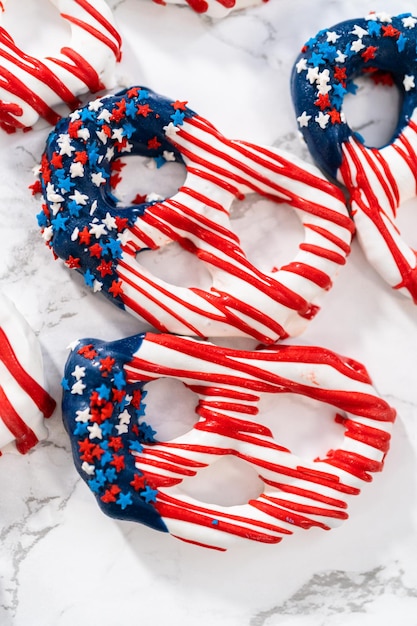 Red white and blue chocolate covered pretzel twists