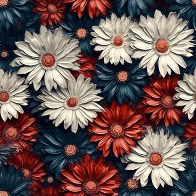 A red white and blue flower pattern with white flowers