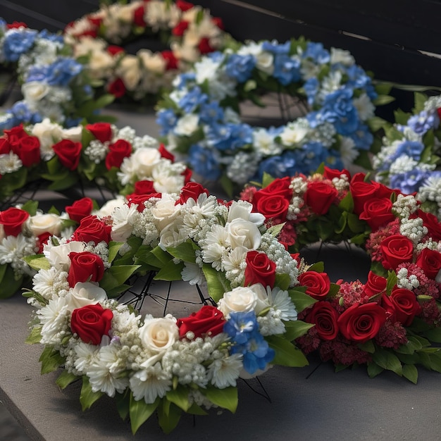 Red, white, and blue flowers are on a table.