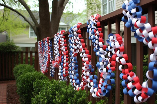 Photo red white and blue paper chains on a porch fourth of july american independence day american flag