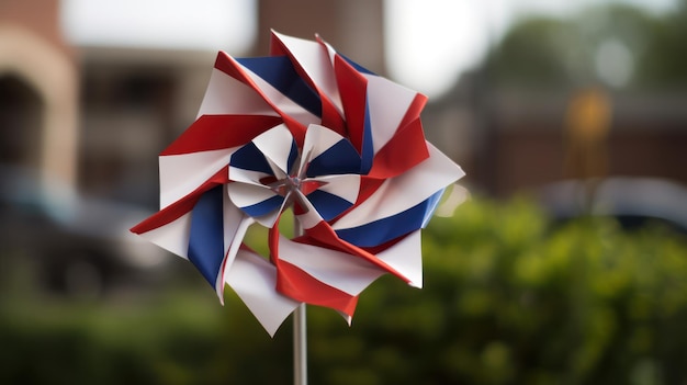 A red, white and blue pinwheel with the word " on it "