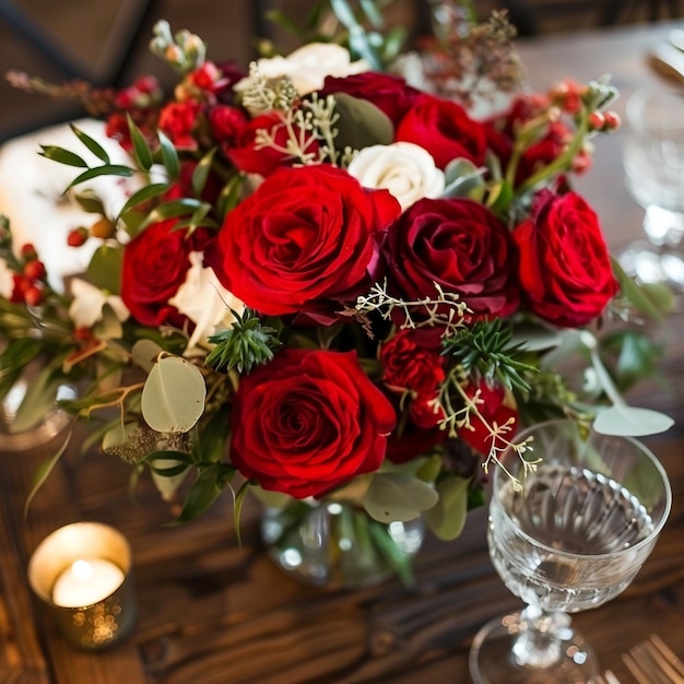 Photo a red and white bouquet of roses is on a table