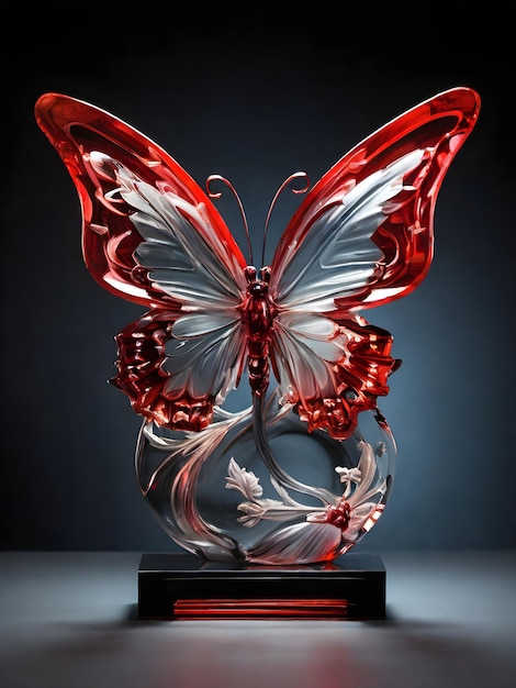 a red and white butterfly sculpture with a black background