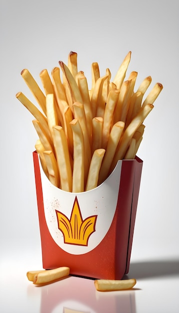 a red and white can of french fries with a yellow crown on the side