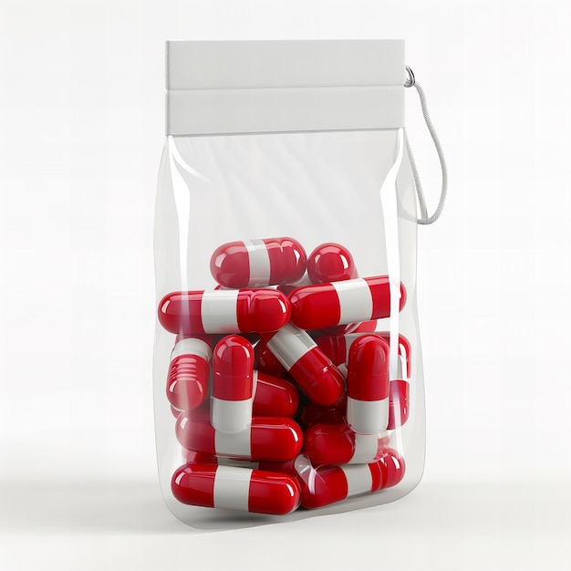 Red and White Capsules in Clear Plastic Bag Pharmaceutical Medication Close Up