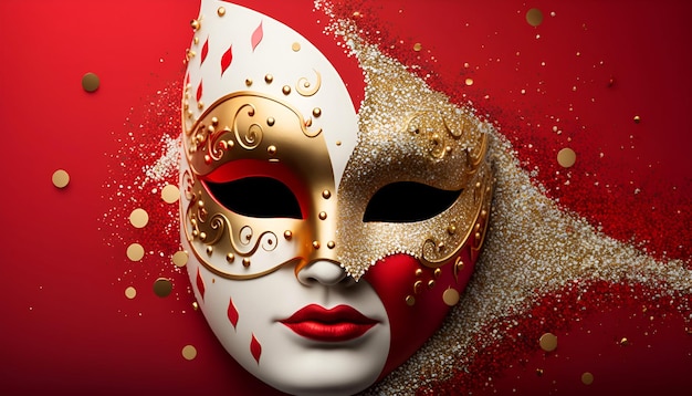 red and white carnival mask with glitter on red background.