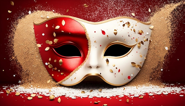 red and white carnival mask with glitter on red background