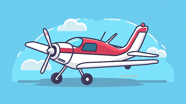 Red and white cartoon airplane flying in blue sky with white clouds