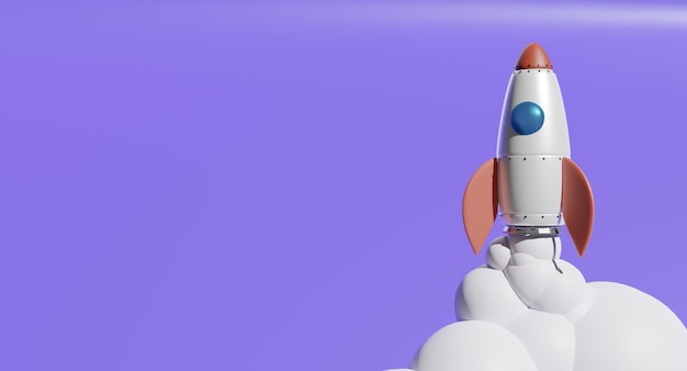 Red and White Cartoon Rocket Spaceship Flying on Purple Background with Copy Space 3D Illustration