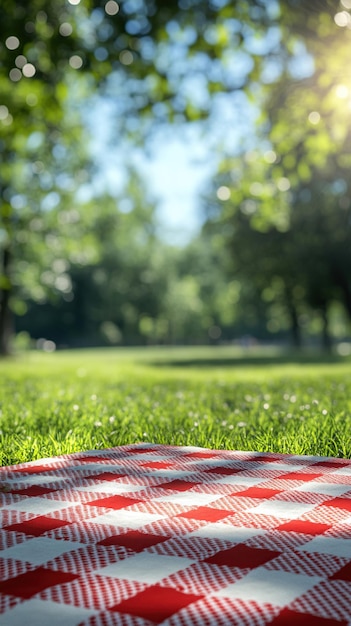 Photo a red and white checkered blanket on the grass